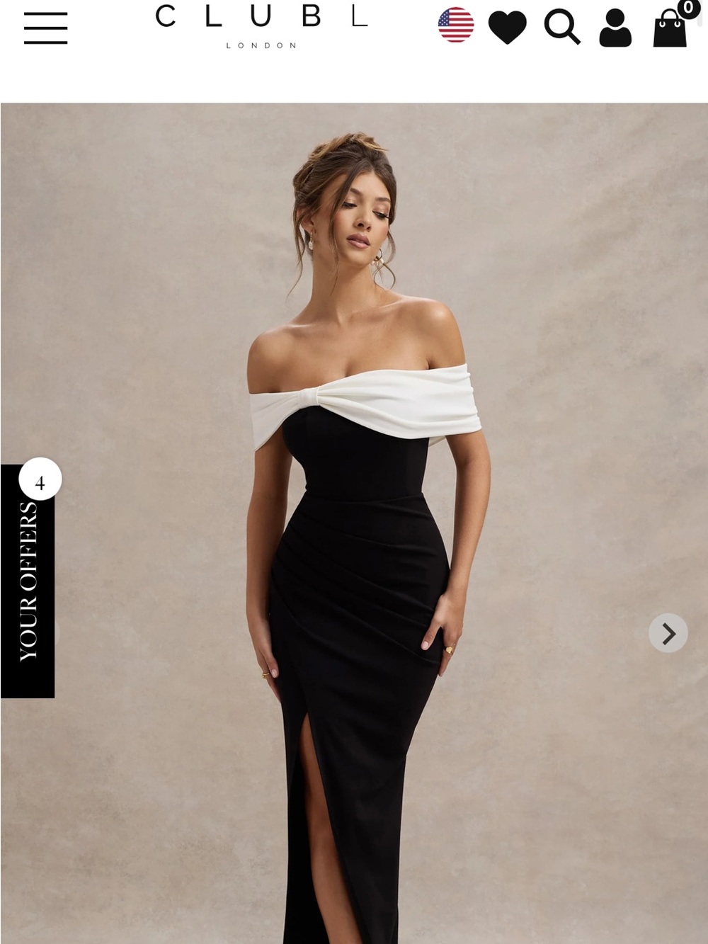 Club L London Eva Off-Shoulder Black & White Evening Gown